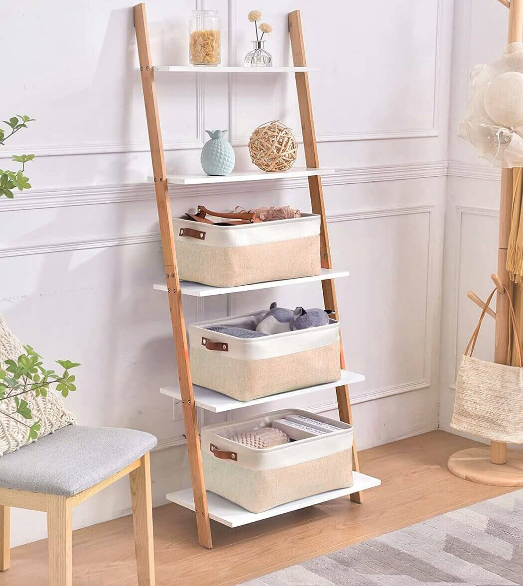 White Khaki Storage Basket with Leather Handles - Image 51