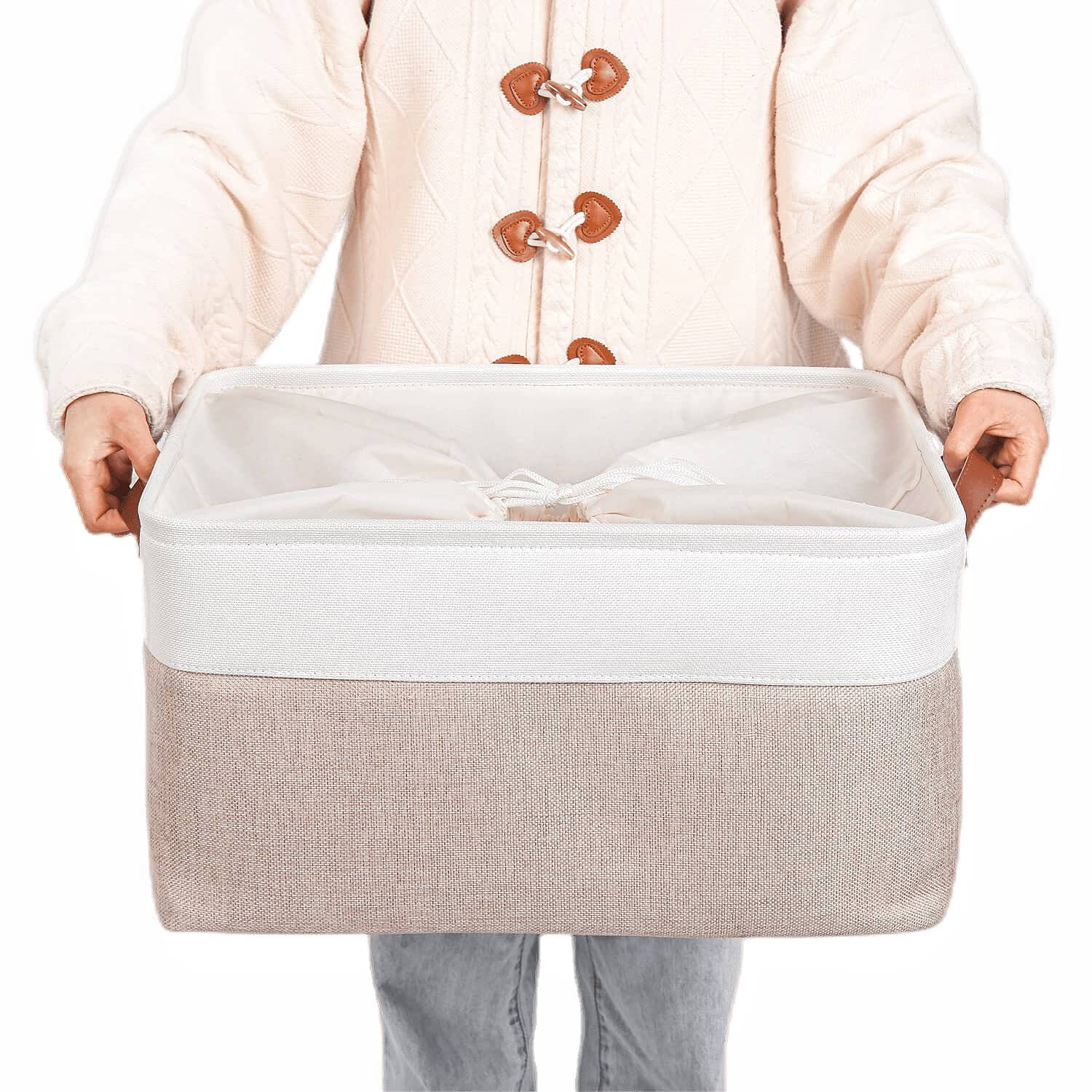 White Khaki Storage Basket with Leather Handles - Image 53