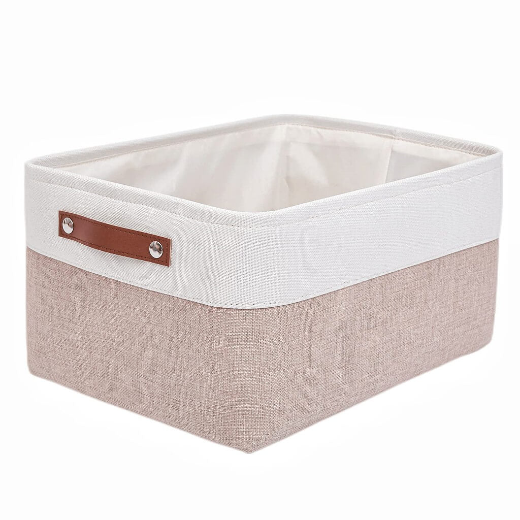White Khaki Storage Basket with Leather Handles - Image 56