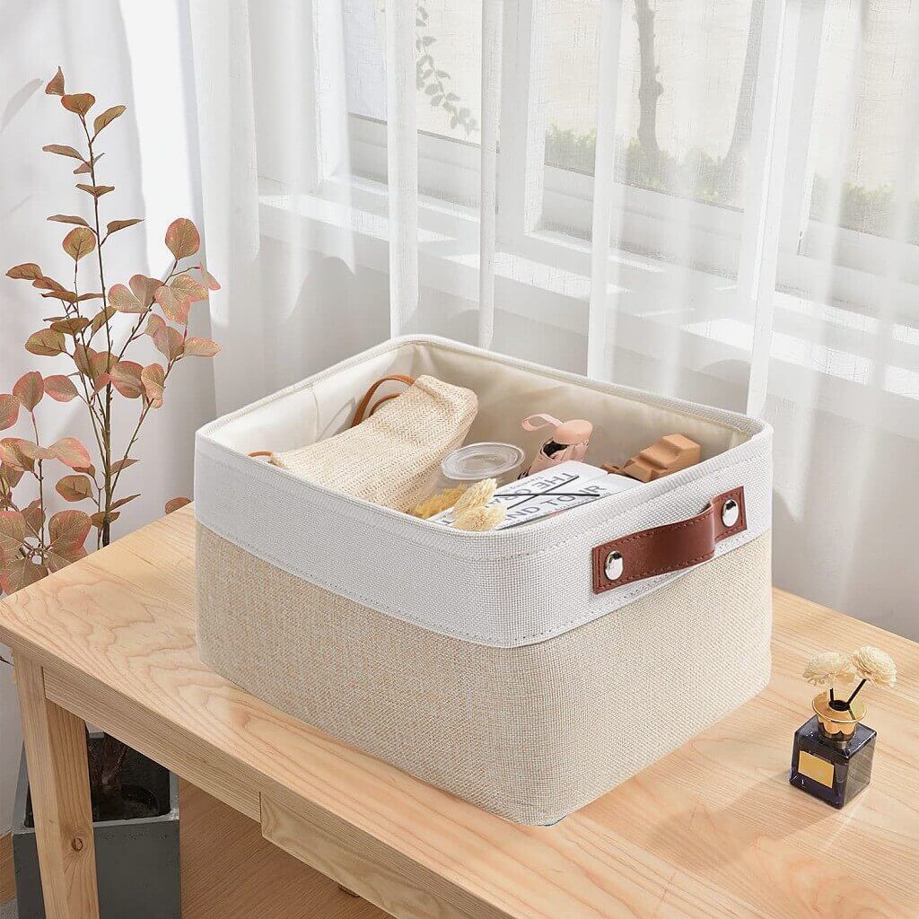 White Khaki Storage Basket with Leather Handles - Image 57