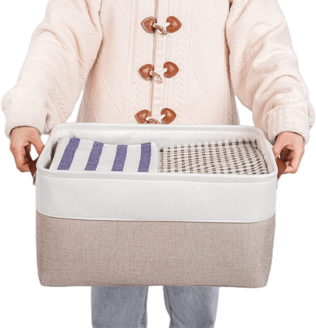 White Khaki Storage Basket with Leather Handles - Image 59