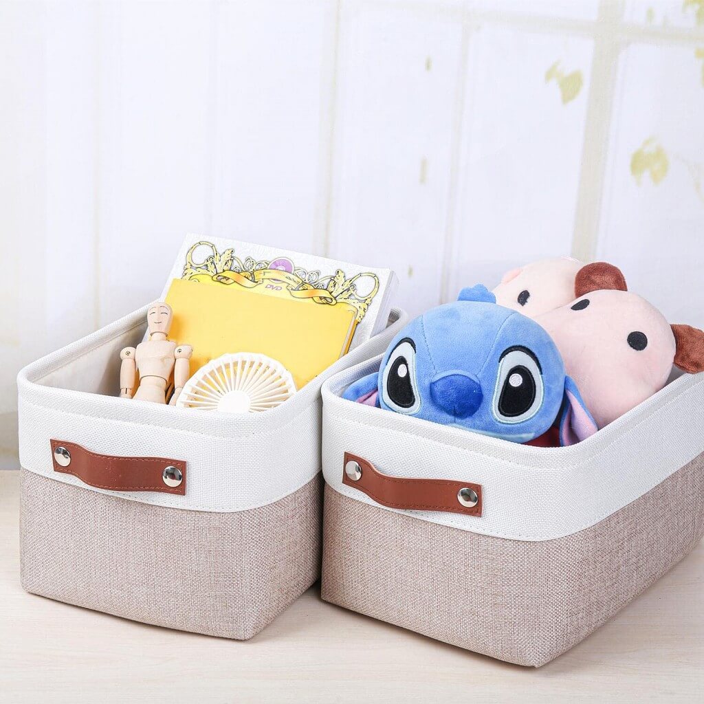 White Khaki Storage Basket with Leather Handles - Image 63