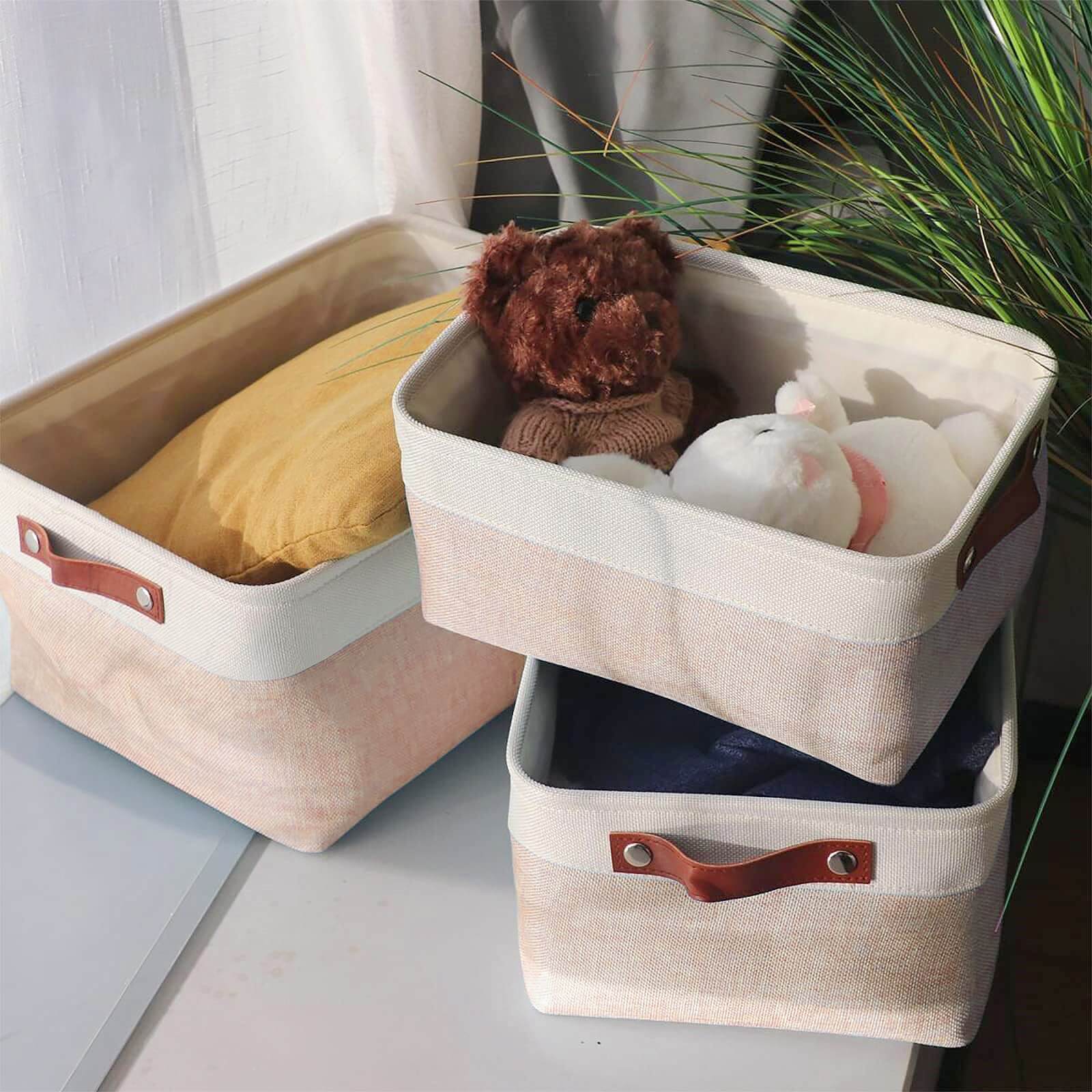 White Khaki Storage Basket with Leather Handles - Image 75
