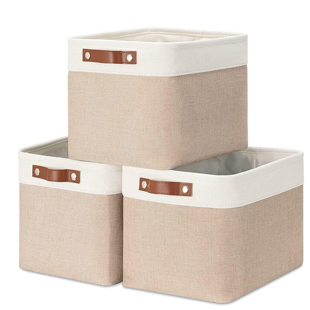 White Khaki Storage Basket with Leather Handles - Image 8