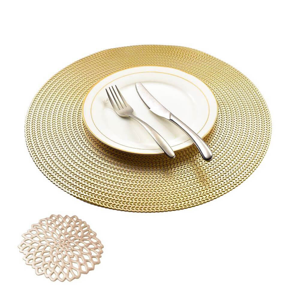 MANGATA Gold Placemats and Coaster Sets, Round PVC Placemat Washable Hollow Table Mats Set for Kitchen Dining Table - Image 14