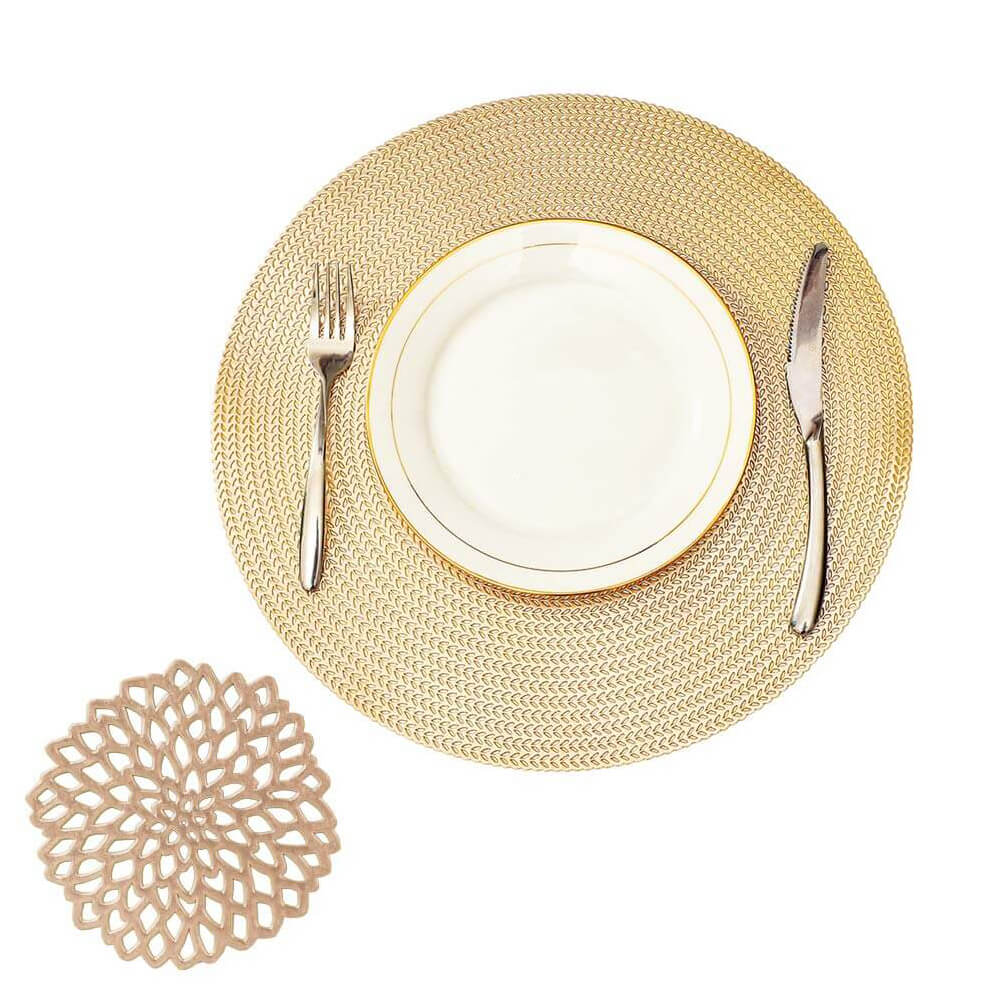 MANGATA Gold Placemats and Coaster Sets, Round PVC Placemat Washable Hollow Table Mats Set for Kitchen Dining Table - Image 15