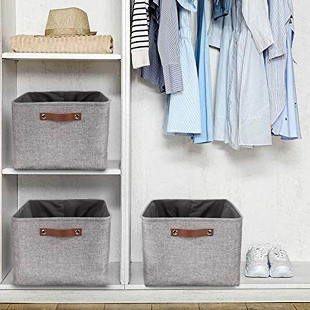 Foldable Mangata Leather Handle Storage Baskets Set, Grey - Image 10
