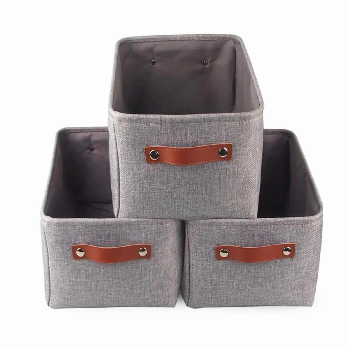 Foldable Mangata Leather Handle Storage Baskets Set, Grey - Image 22