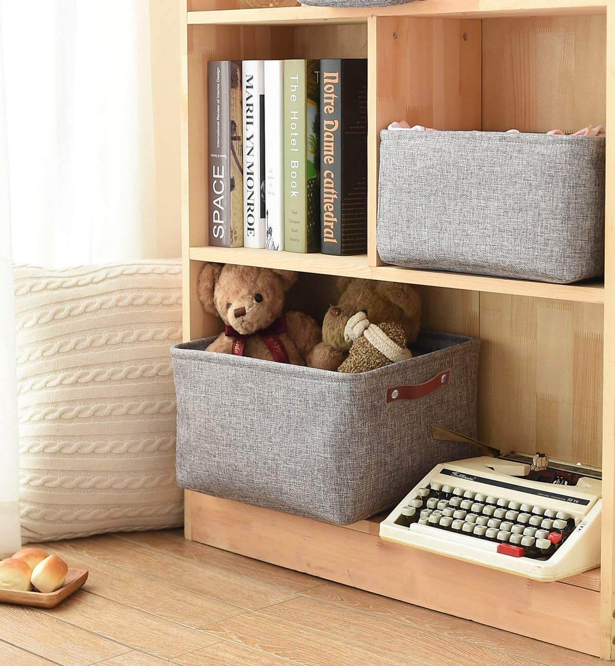 Foldable Mangata Leather Handle Storage Baskets Set, Grey - Image 26