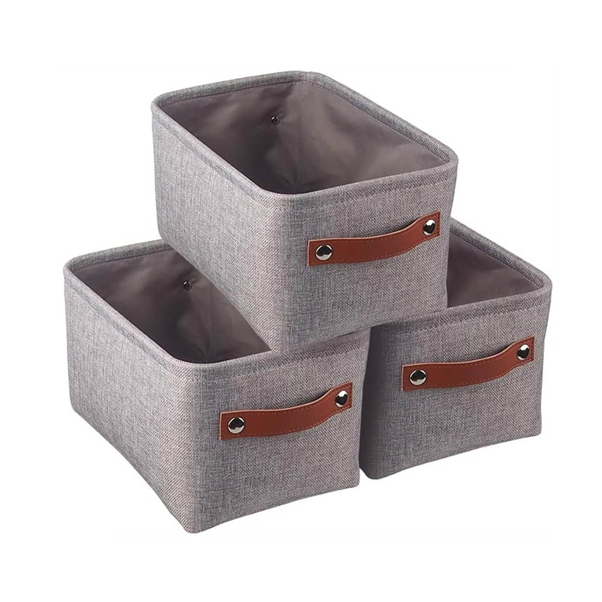 Foldable Mangata Leather Handle Storage Baskets Set, Grey - Image 28