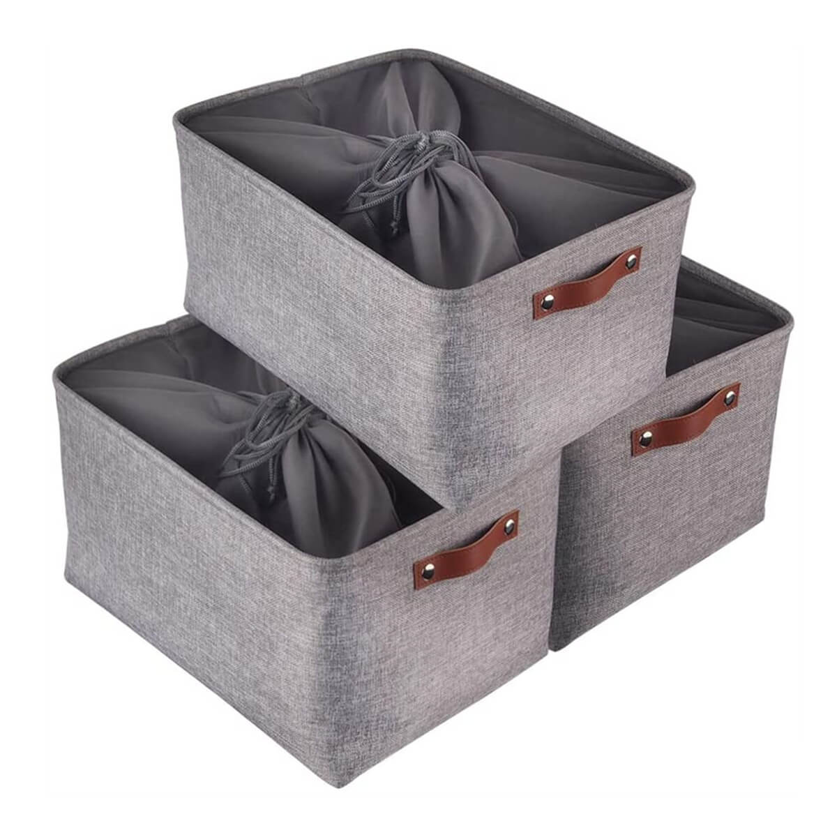 Foldable Mangata Leather Handle Storage Baskets Set, Grey - Image 36