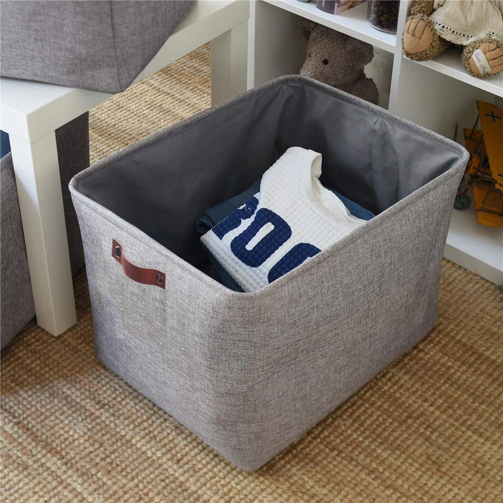 Foldable Mangata Leather Handle Storage Baskets Set, Grey - Image 38
