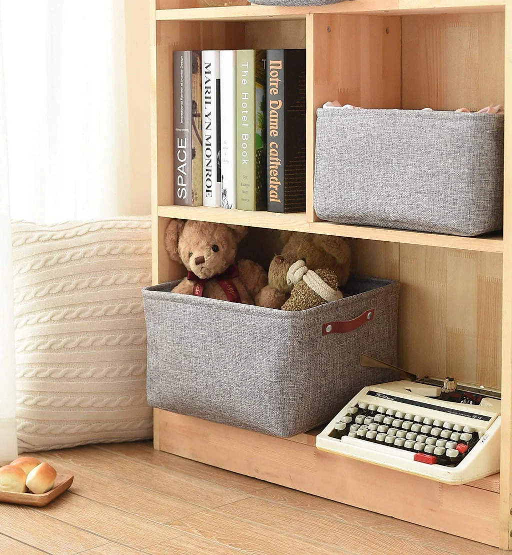 Foldable Mangata Leather Handle Storage Baskets Set, Grey - Image 40