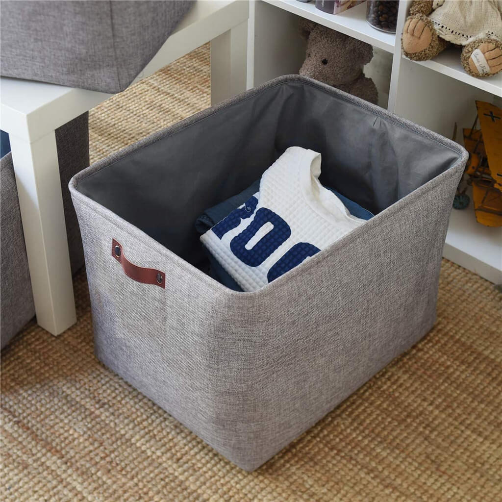 Foldable Mangata Leather Handle Storage Baskets Set, Grey - Image 6