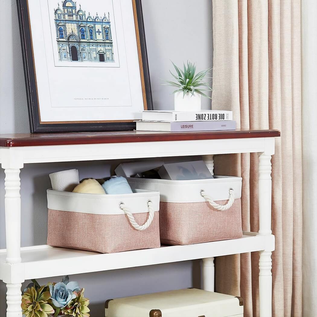 Pink White Storage Baskets with Rope Handles Multi-Size - Image 44