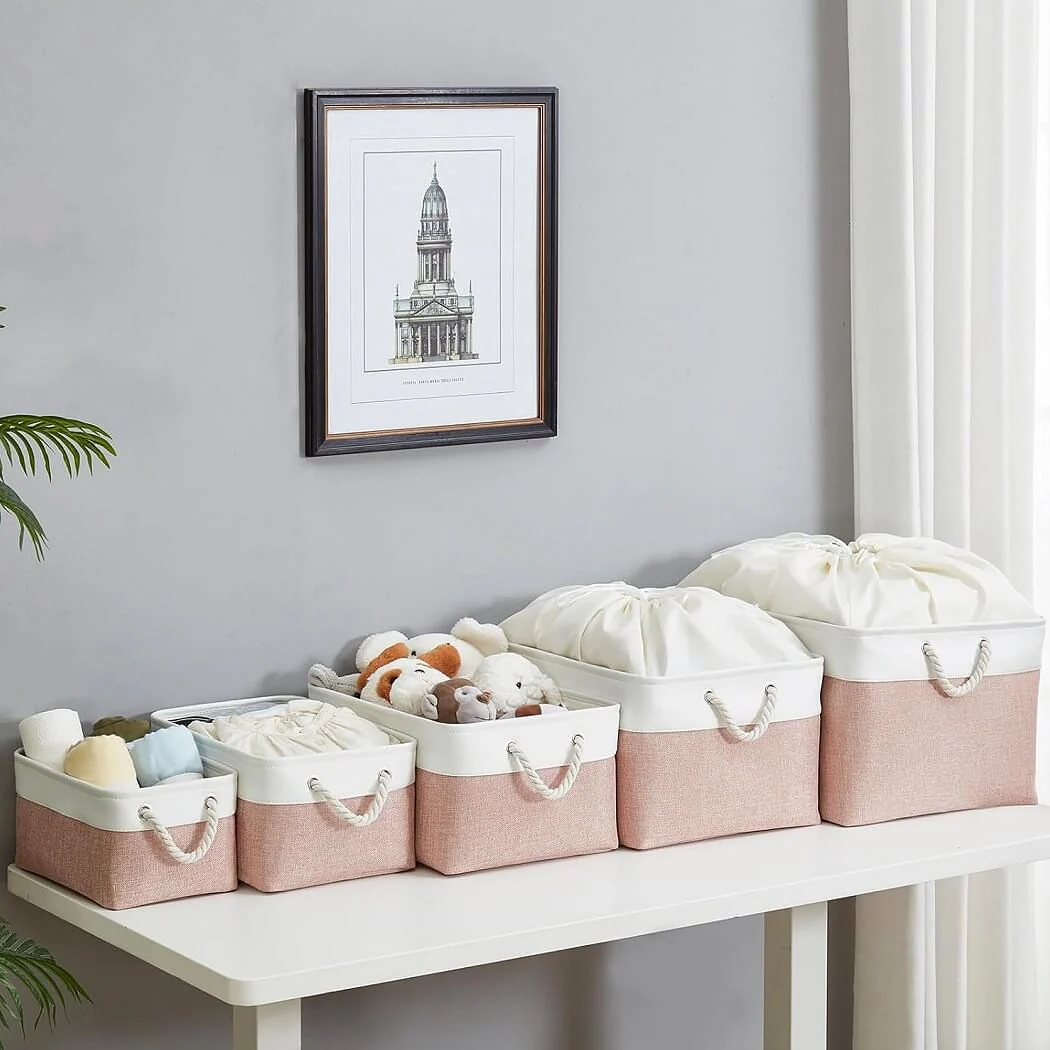 Pink White Storage Baskets with Rope Handles Multi-Size - Image 97