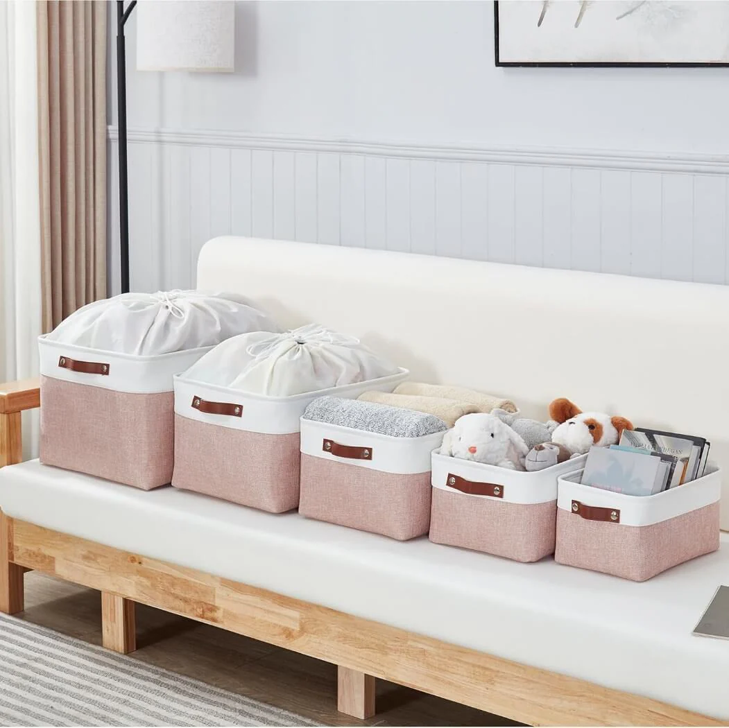 Pink White Rectangular Fabric Storage Boxes for Wardrobe, Shelves & Cupboards - Image 42