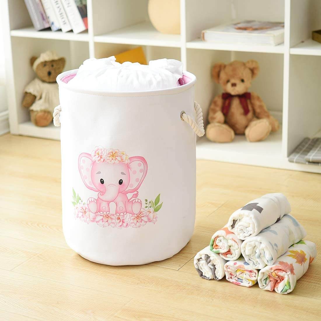 Round Waterproof Elephant Laundry Basket Pink/Blue - Image 5