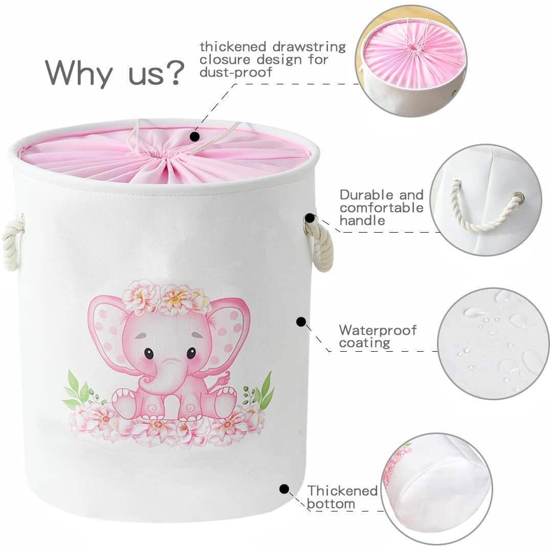 Round Waterproof Elephant Laundry Basket Pink/Blue - Image 6