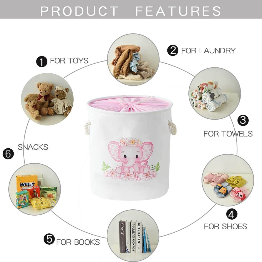 Round Waterproof Elephant Laundry Basket Pink/Blue - Image 8