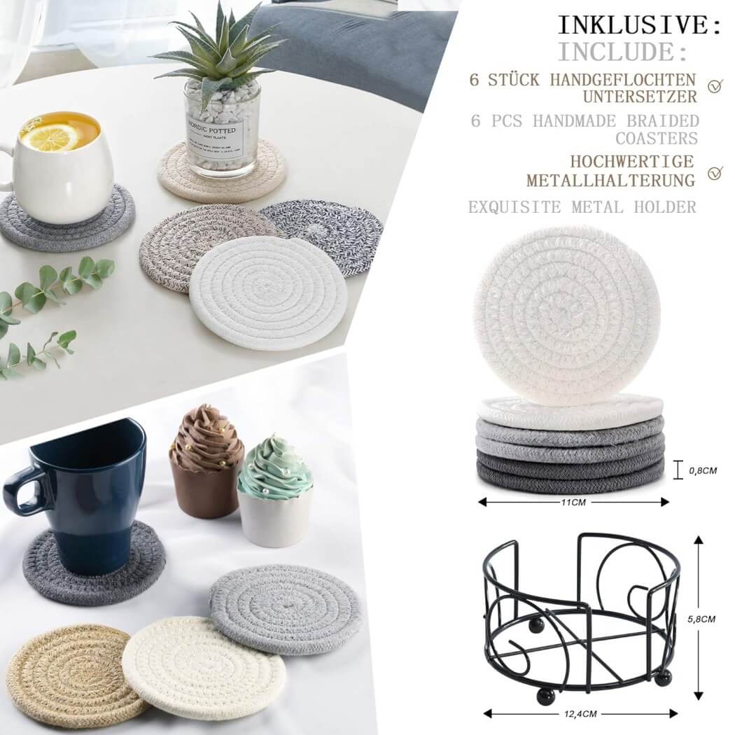 Coasters with Holder, Handmade Braided Thick Cotton Rope - Image 21
