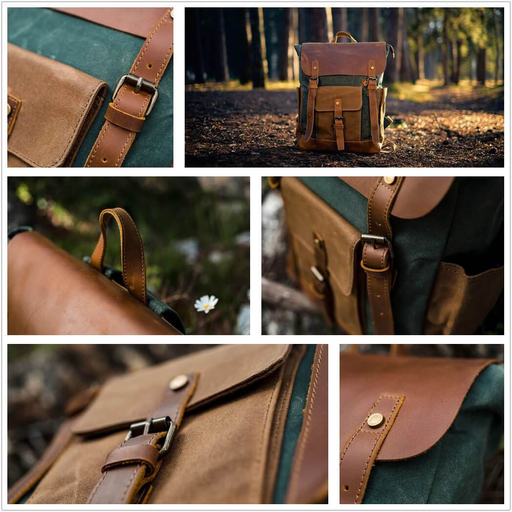 Vintage Waterproof Leather Canvas Backpack Rucksack - Image 14