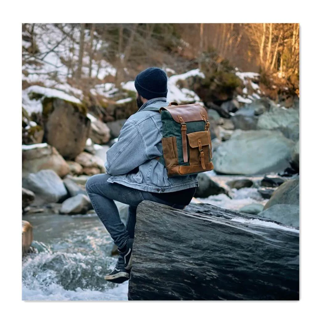Vintage Waterproof Leather Canvas Backpack Rucksack - Image 9