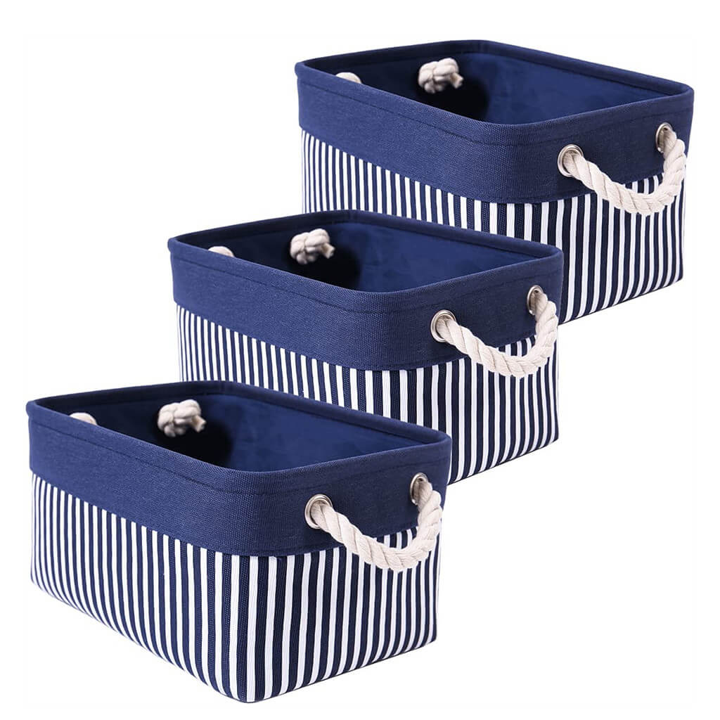 Washable Fabric Storage Boxes Foldable Basket Organizers Blue/White Stripes - Image 13
