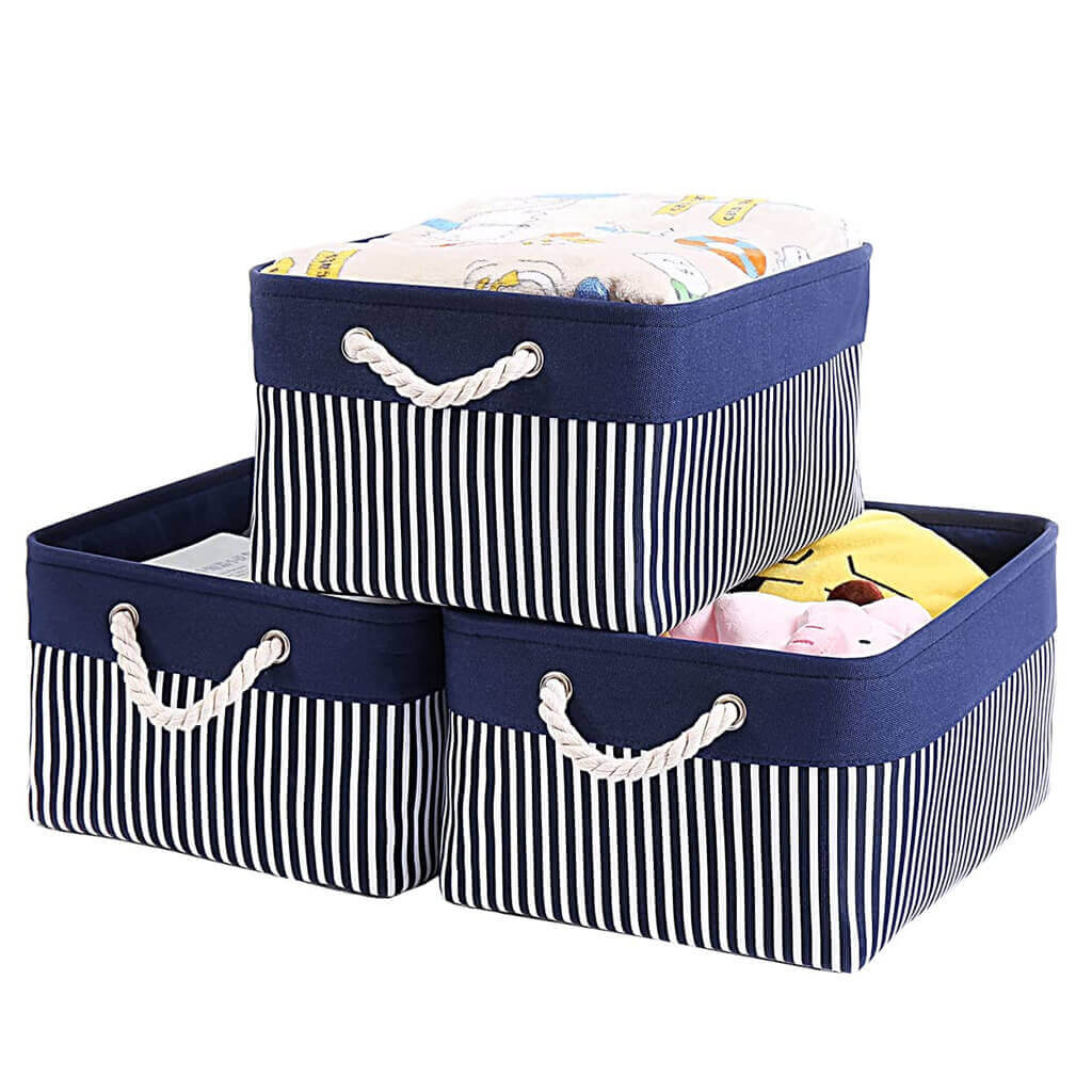 Washable Fabric Storage Boxes Foldable Basket Organizers Blue/White Stripes - Image 14
