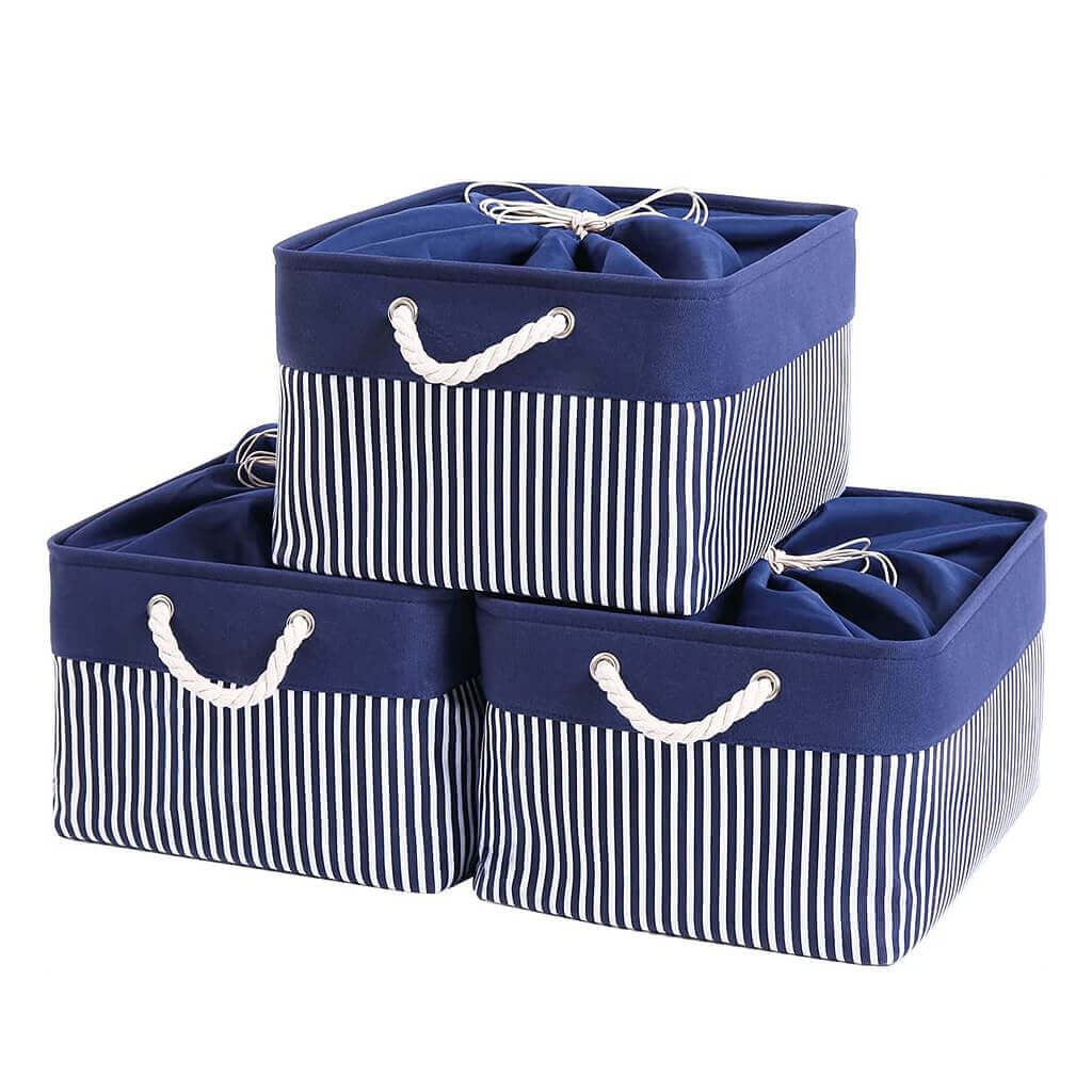 Washable Fabric Storage Boxes Foldable Basket Organizers Blue/White Stripes - Image 15