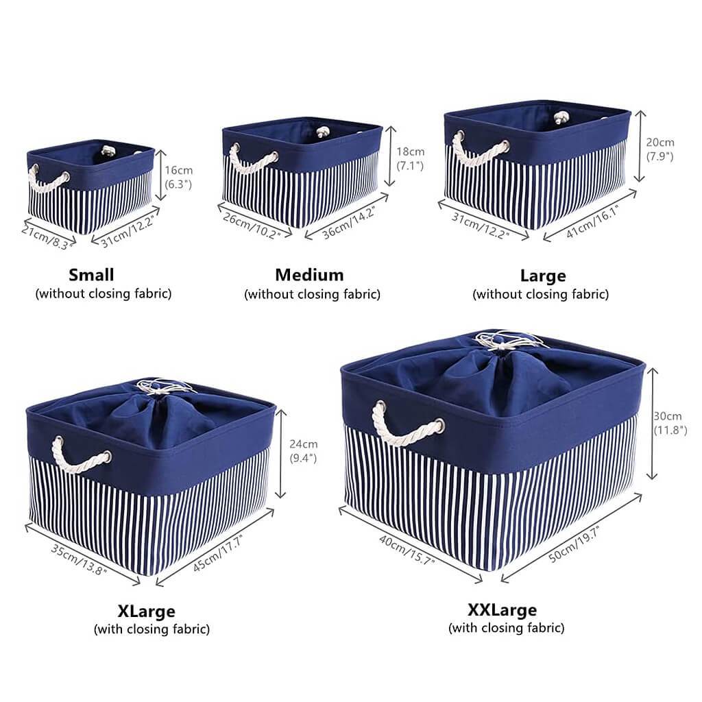 Washable Fabric Storage Boxes Foldable Basket Organizers Blue/White Stripes - Image 3
