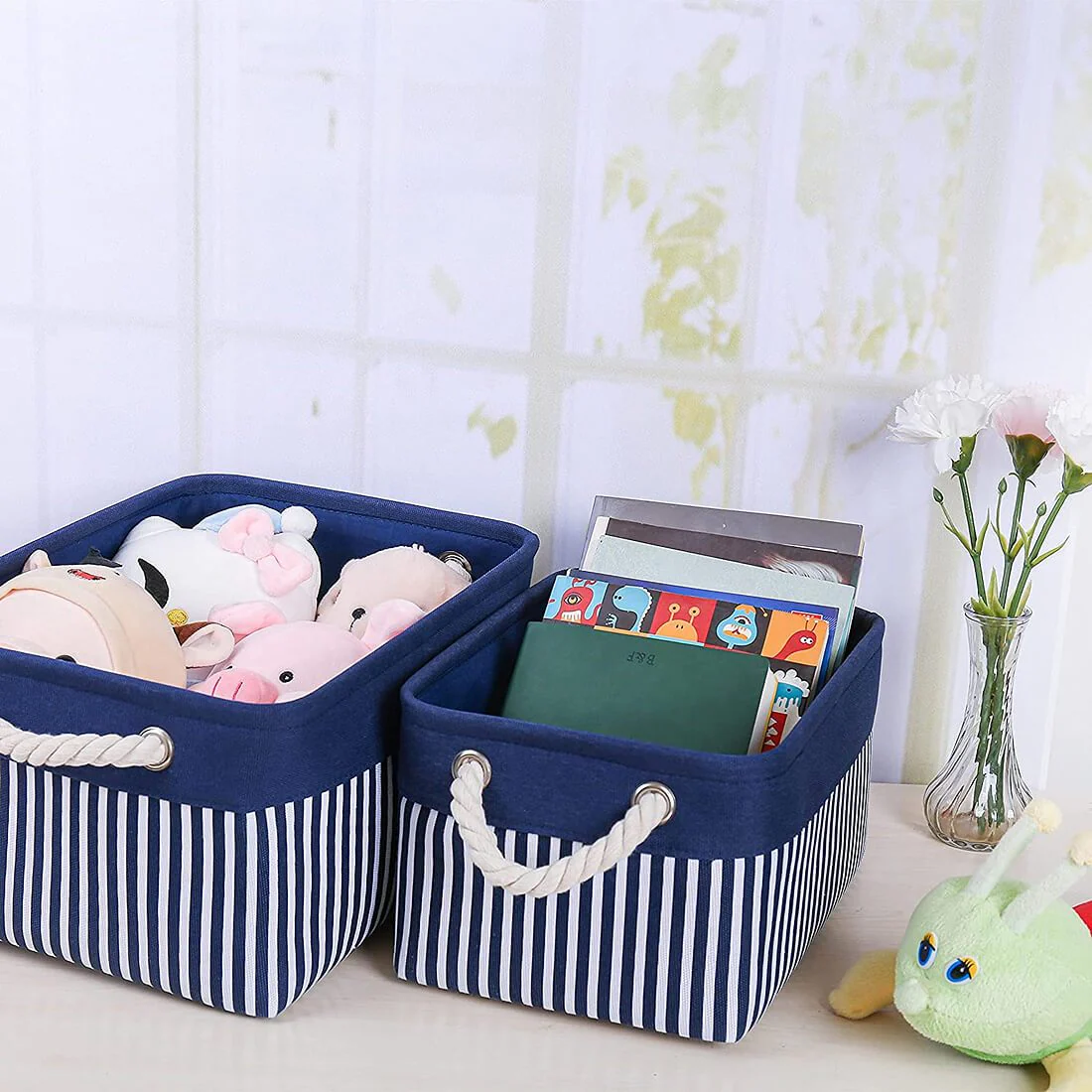 Washable Fabric Storage Boxes Foldable Basket Organizers Blue/White Stripes - Image 4