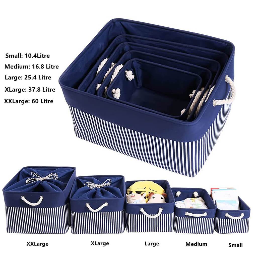 Washable Fabric Storage Boxes Foldable Basket Organizers Blue/White Stripes - Image 5