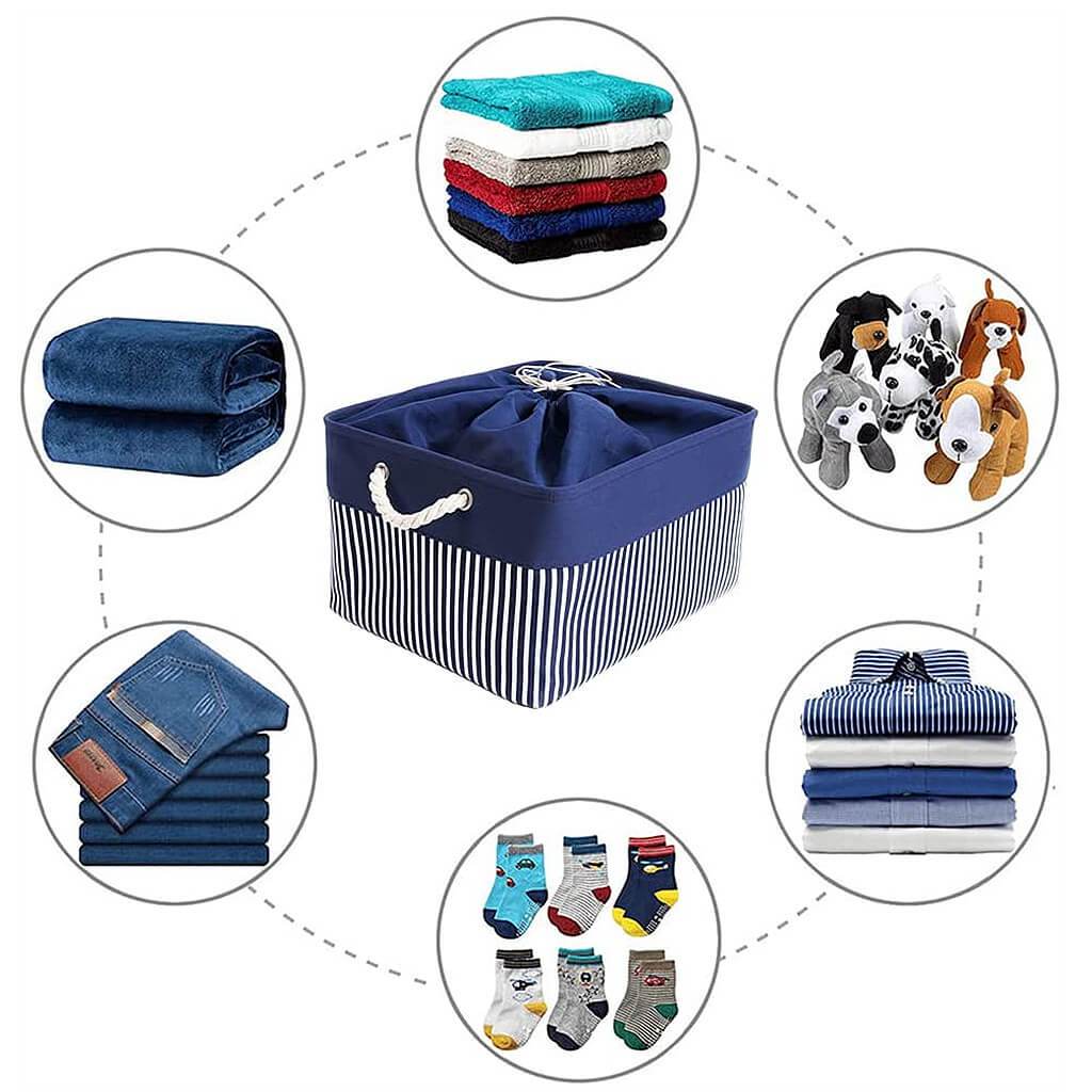 Washable Fabric Storage Boxes Foldable Basket Organizers Blue/White Stripes - Image 6