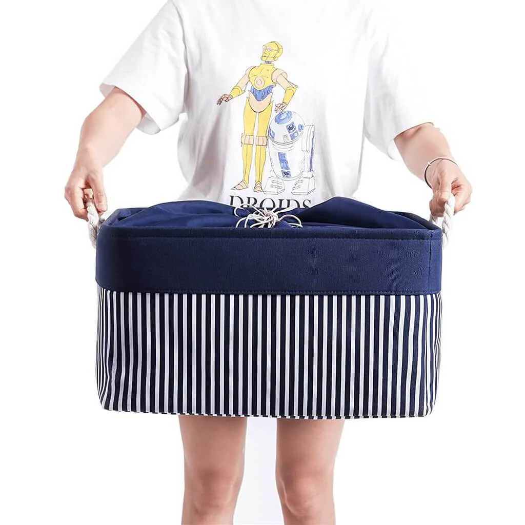Washable Fabric Storage Boxes Foldable Basket Organizers Blue/White Stripes - Image 7