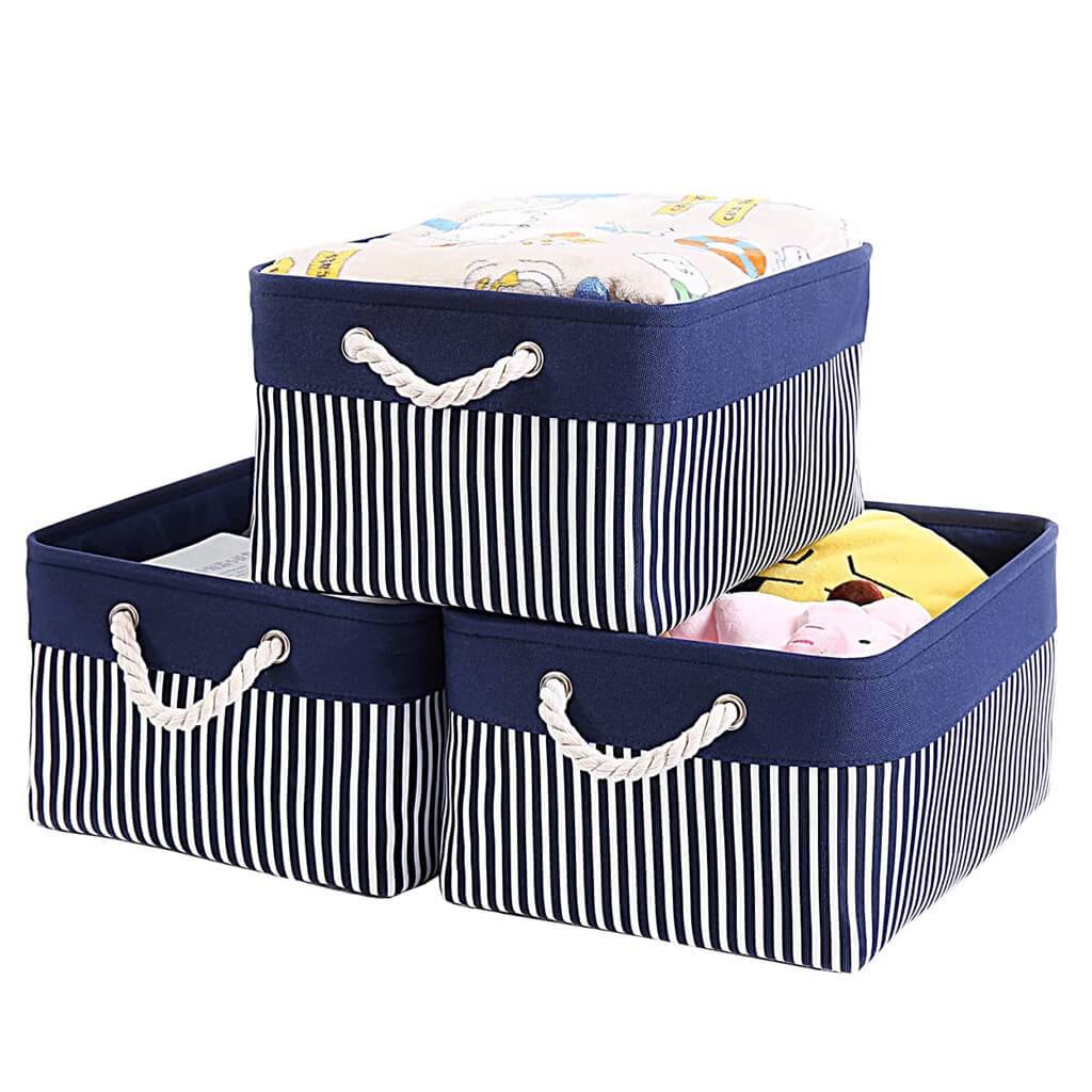 Washable Fabric Storage Boxes Foldable Basket Organizers Blue/White Stripes - Image 8