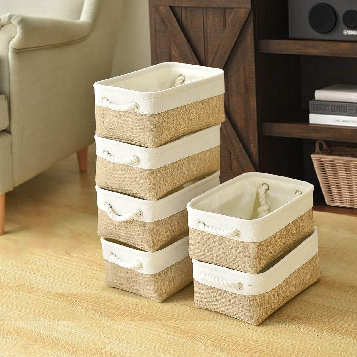 White Khaki Storage Baskets With Rope Handles For Wardrobe - Image 40