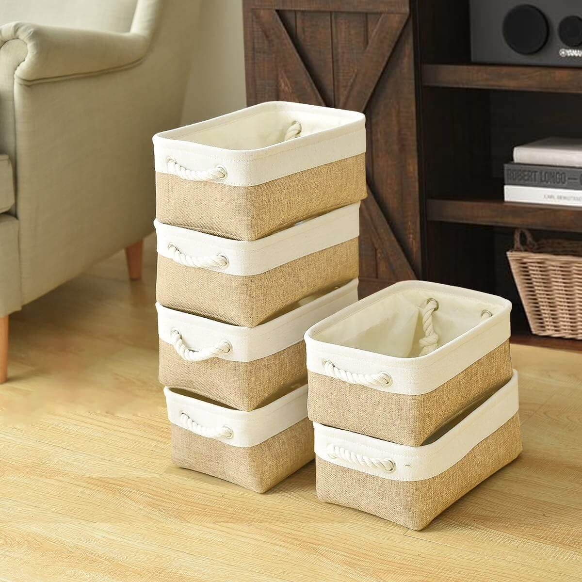 White Khaki Storage Baskets With Rope Handles For Wardrobe - Image 71