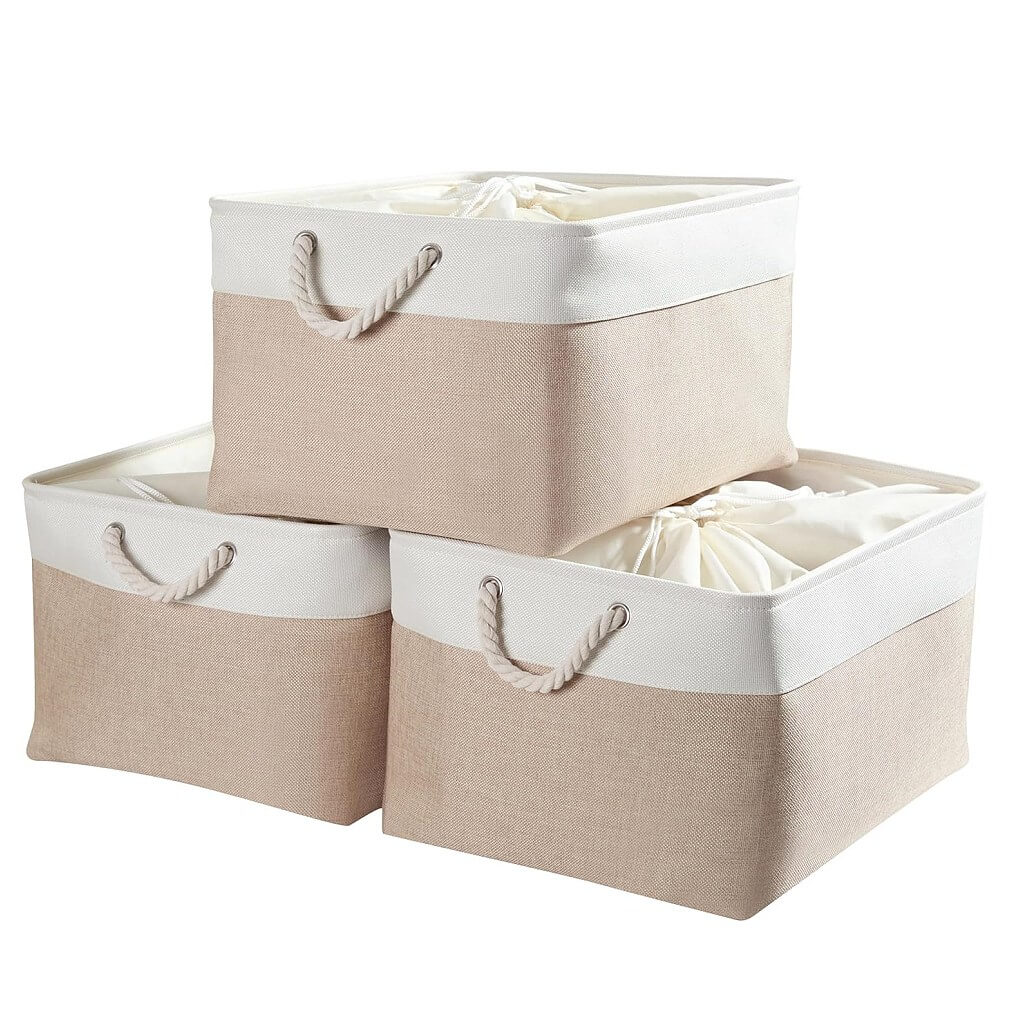 White Khaki Storage Baskets With Rope Handles For Wardrobe - Image 8