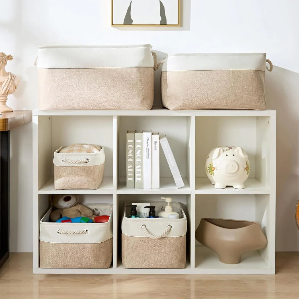 White Khaki Storage Baskets With Rope Handles For Wardrobe - Image 9