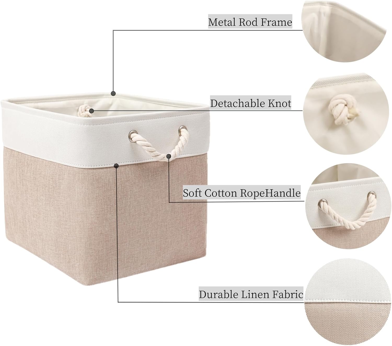 White Light Khaki Storage Cube Boxes with Rope Handles - Image 11