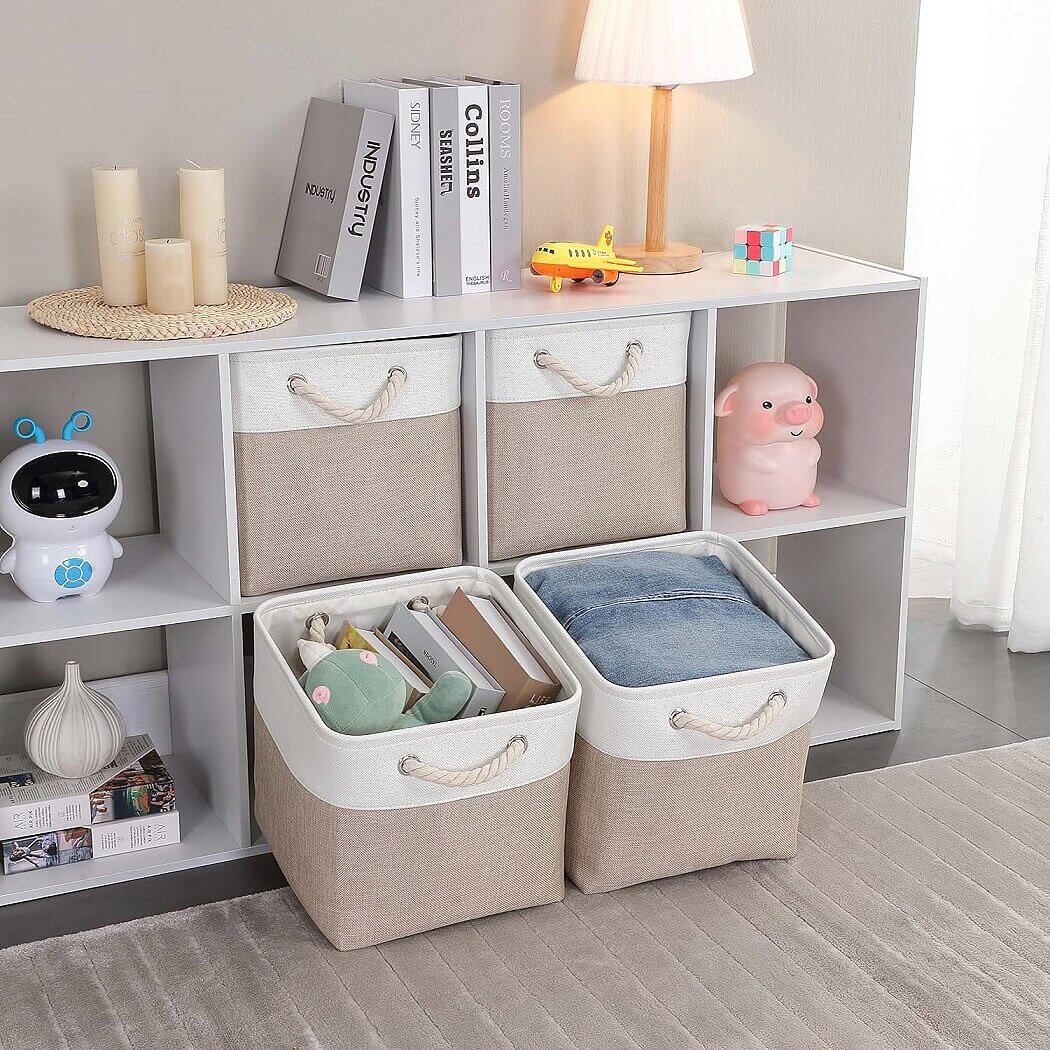 White Light Khaki Storage Cube Boxes with Rope Handles - Image 19