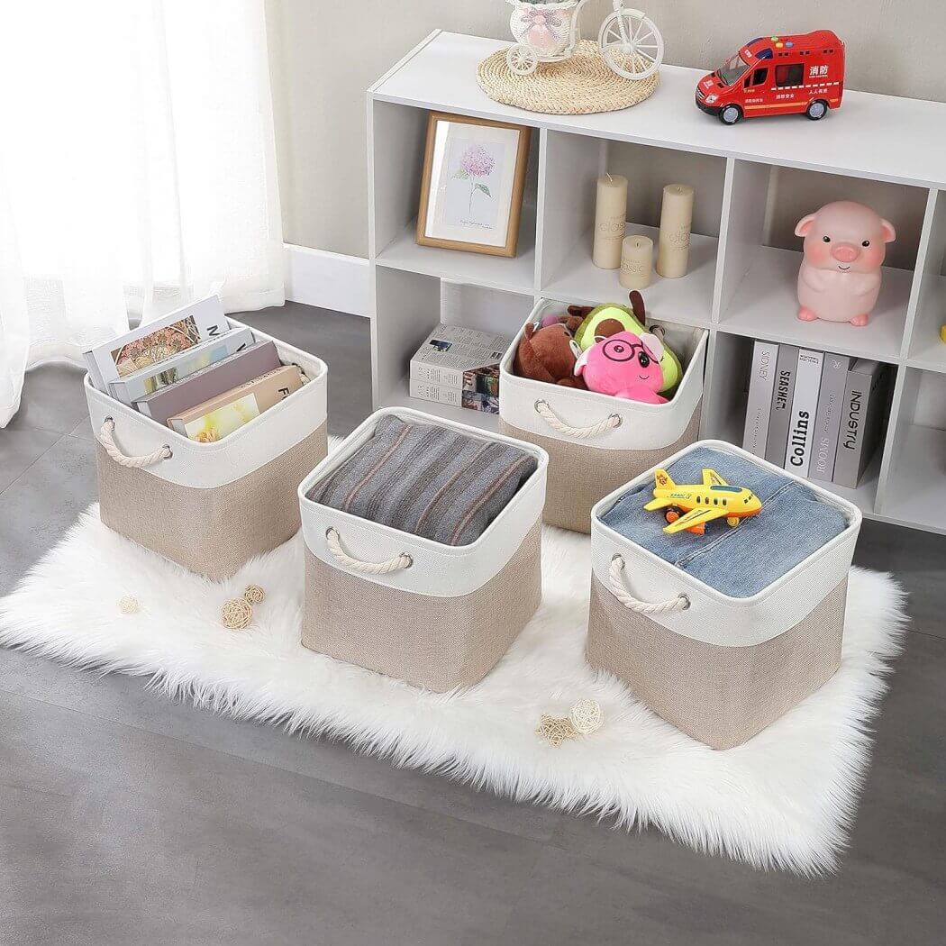 White Light Khaki Storage Cube Boxes with Rope Handles - Image 22