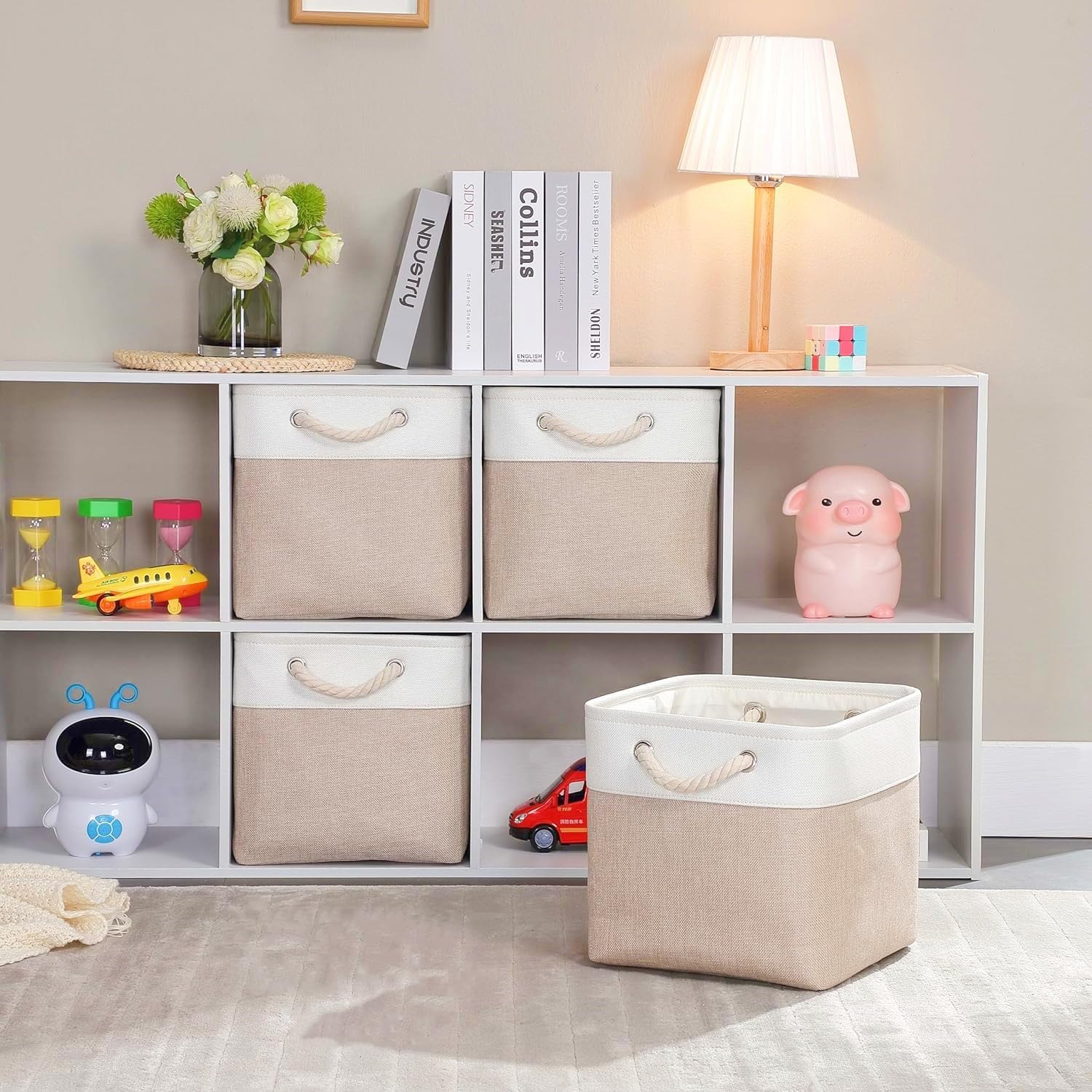 White Light Khaki Storage Cube Boxes with Rope Handles - Image 9