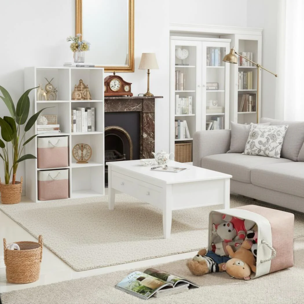 White Pink Fabric Storage Cube Boxes with Rope Handles - Image 10