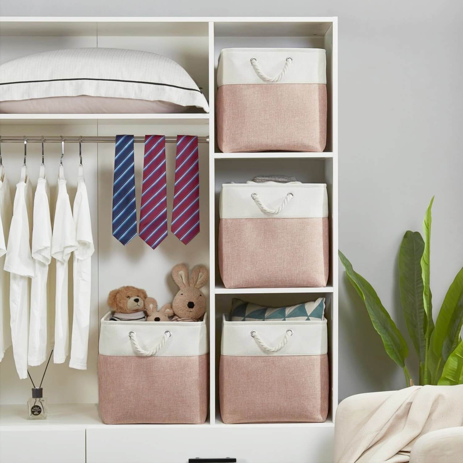 White Pink Fabric Storage Cube Boxes with Rope Handles - Image 11