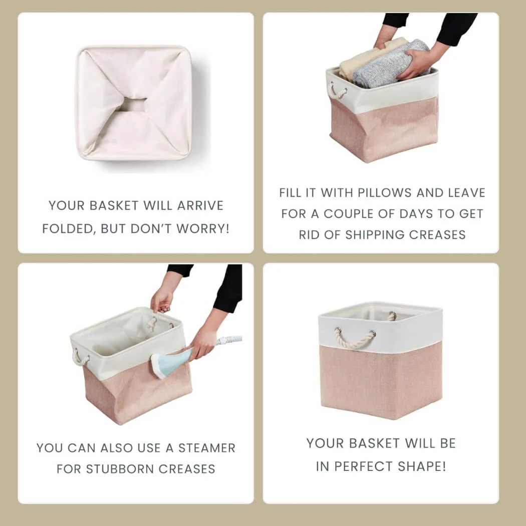 White Pink Fabric Storage Cube Boxes with Rope Handles - Image 12