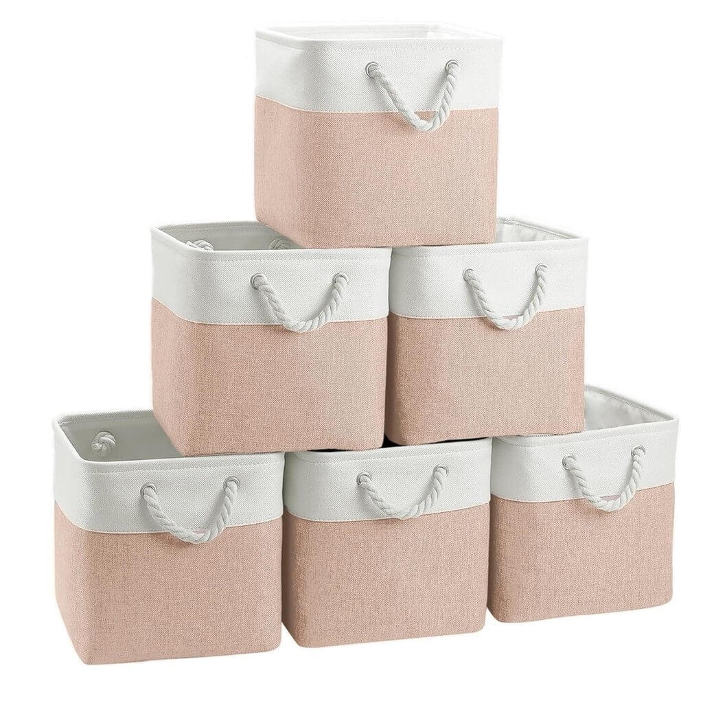 White Pink Fabric Storage Cube Boxes with Rope Handles - Image 8