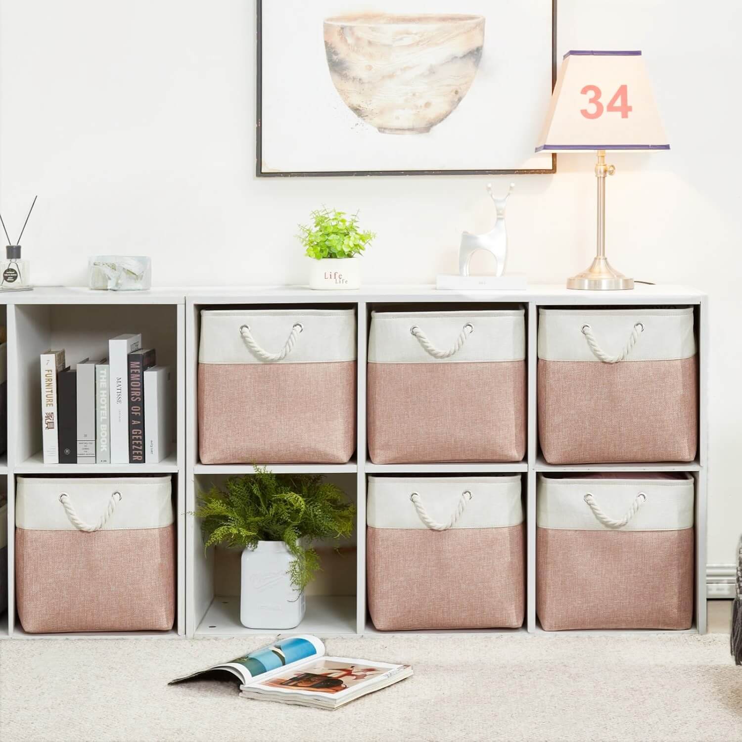 White Pink Fabric Storage Cube Boxes with Rope Handles - Image 9