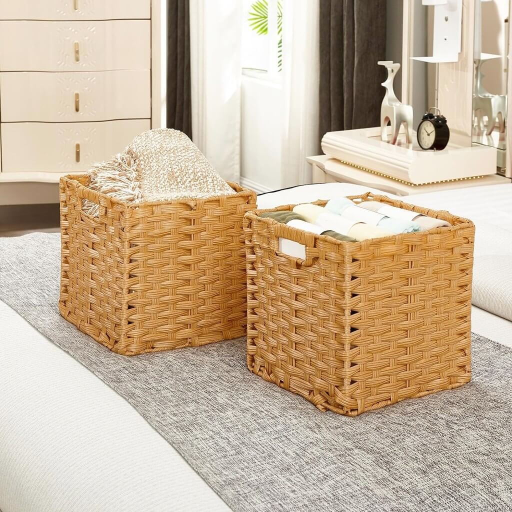Wicker Storage Baskets Set, Hand-Woven Rattan Cube Organizers for Closet and Shelves - 28x28x28cm, 2/4/6 Pack - Image 29